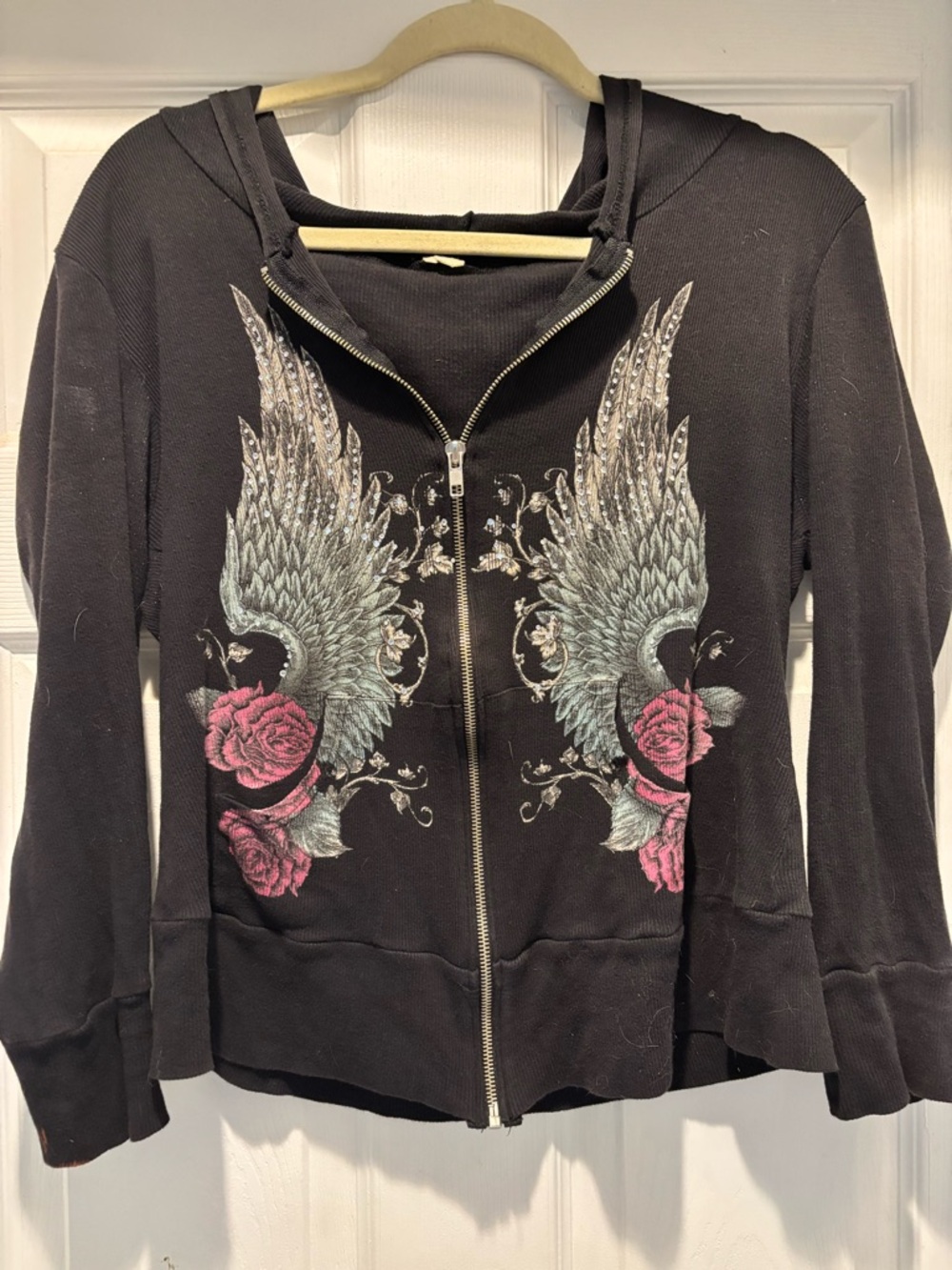 Black Women's Zip Hoodie with Wing & Rose Embroidery